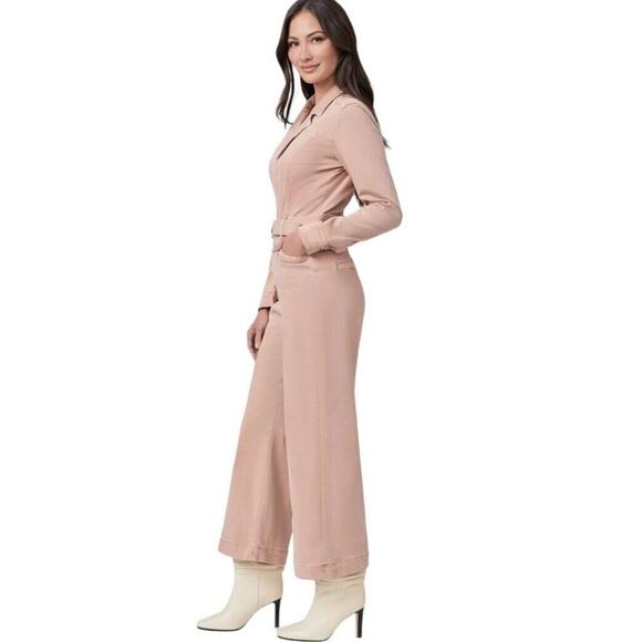 PAIGE Anessa Long Sleeve Jumpsuit Women 4 Pink Wide Leg Crop Belted High Rise - Picture 3 of 16
